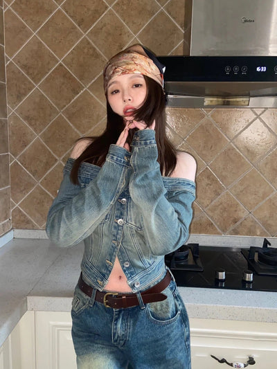 Off-shoulder Denim Long-sleeved Slim-fit Crop Top