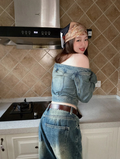 Off-shoulder Denim Long-sleeved Slim-fit Crop Top