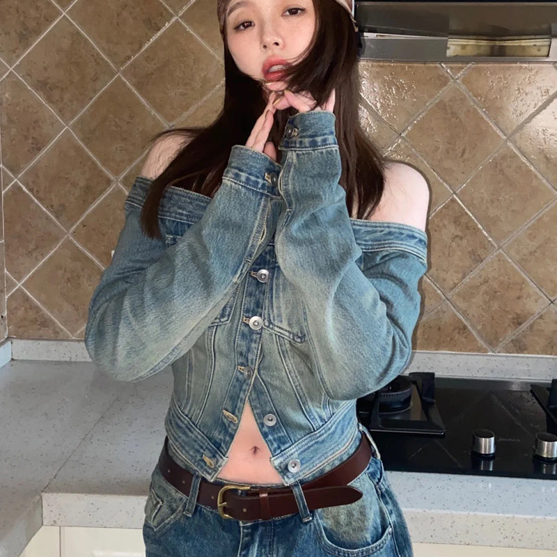 Off-shoulder Denim Long-sleeved Slim-fit Crop Top