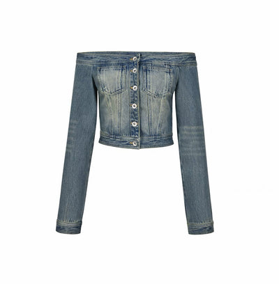 Off-shoulder Denim Long-sleeved Slim-fit Crop Top