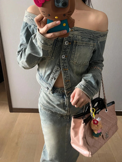 Off-shoulder Denim Long-sleeved Slim-fit Crop Top