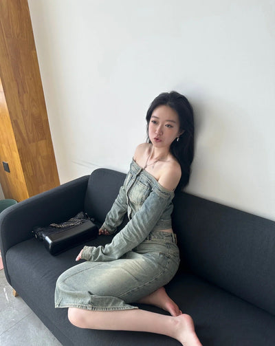 Off-shoulder Denim Long-sleeved Slim-fit Crop Top