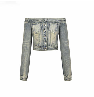 Off-shoulder Denim Long-sleeved Slim-fit Crop Top